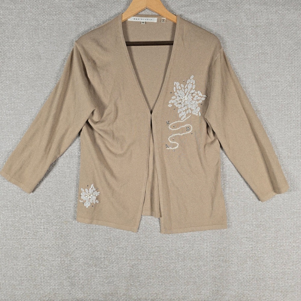 Max Studio Womens XL Tan‎ Beige Floral Applique Rhinestone Cardigan HZ3328